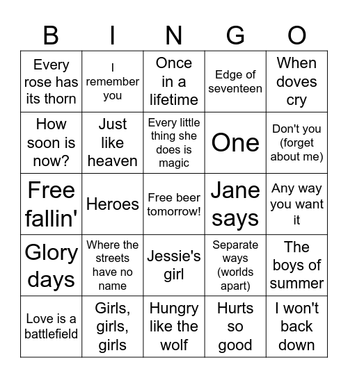 Rock 80's Bingo Card