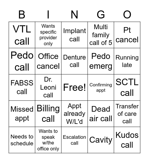 DCC Dental Bingo Card