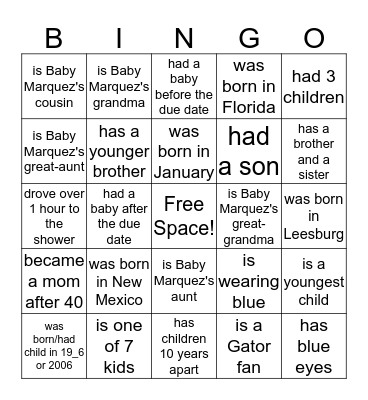 Tracey's Baby Shower:  Find someone who... Bingo Card