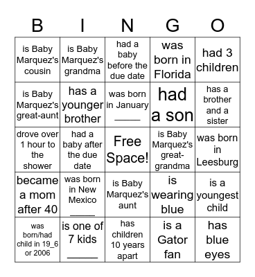 Tracey's Baby Shower:  Find someone who... Bingo Card