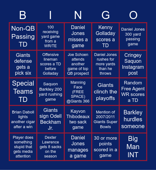 New York Giants 366 Bingo Card Bingo Card