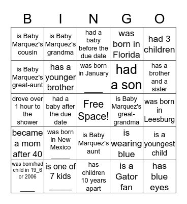Tracey's Baby Shower:  Find someone who... Bingo Card
