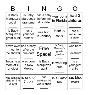 Tracey's Baby Shower:  Find someone who... Bingo Card