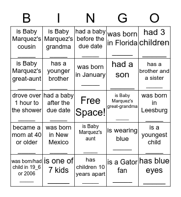 Tracey's Baby Shower:  Find someone who... Bingo Card