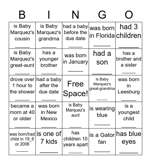 Tracey's Baby Shower:  Find someone who... Bingo Card