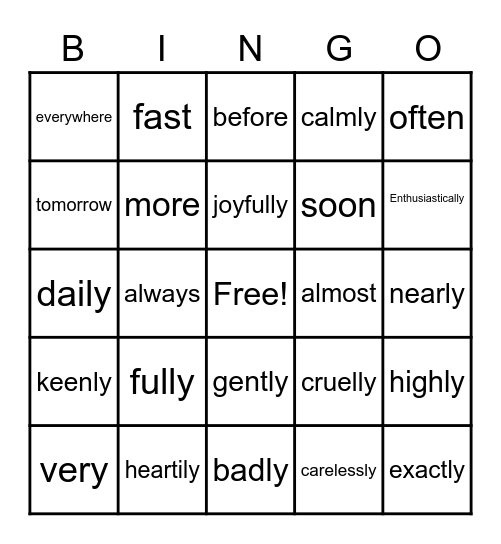 Adverb Bingo Card