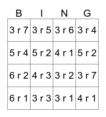 Division with Remainders Bingo Card