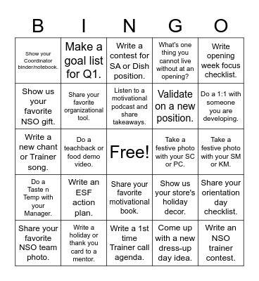 NSO Coordinator December Challenge Bingo Card