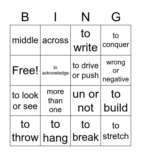 Root Words Bingo Card