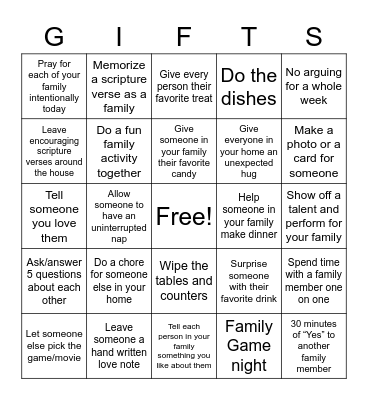 Family Gifting Bingo Card