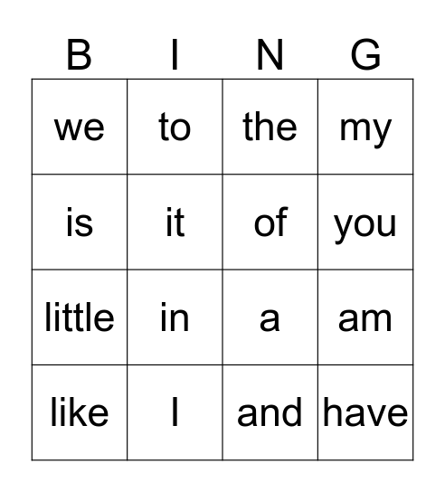 Word Recognition List A Bingo Card