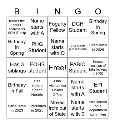 SPH Bingo Card