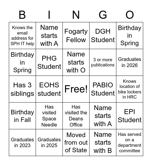 SPH Bingo Card