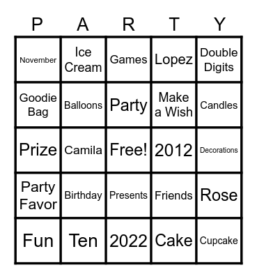 Camila's Birthday Bingo! Bingo Card