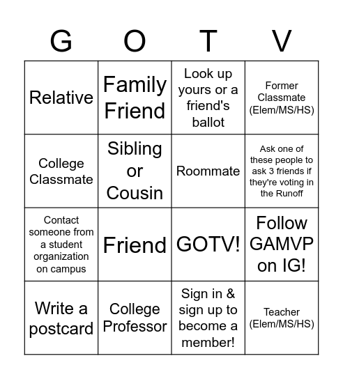 GOTV Advocacy Bingo Card