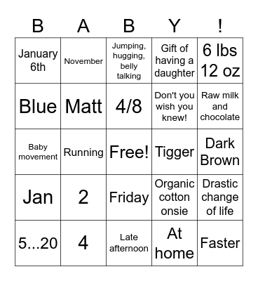 Jocelyn and Matt's Baby Girl Bingo Card