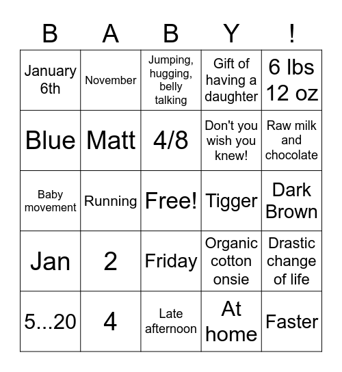 Jocelyn and Matt's Baby Girl Bingo Card