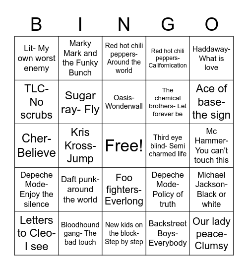 TOP HITS OF THE 90's Bingo Card