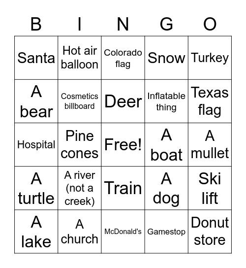 Road Trip Bingo Card