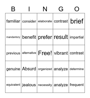 Vocabulary Bingo Card