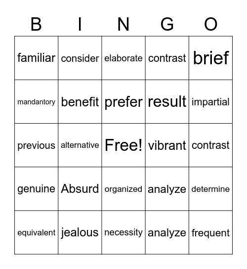 Vocabulary Bingo Card