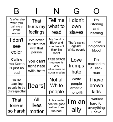 White Woman Bingo Card
