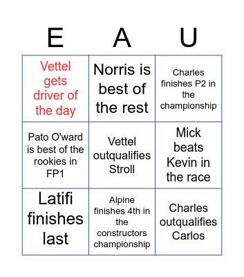 Grand Finale Bingo Card