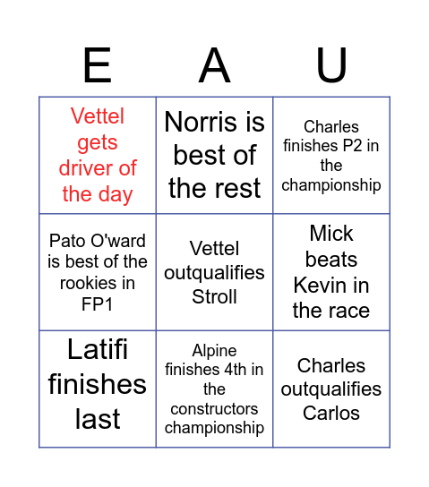 Grand Finale Bingo Card