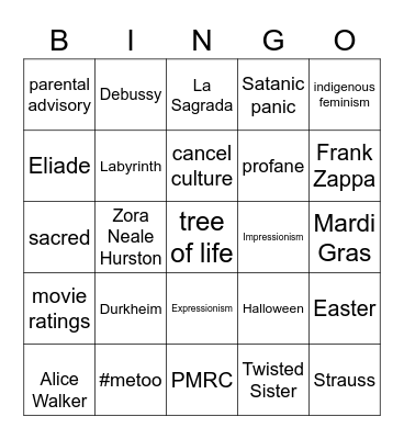 Sacred & Profane Bingo Card