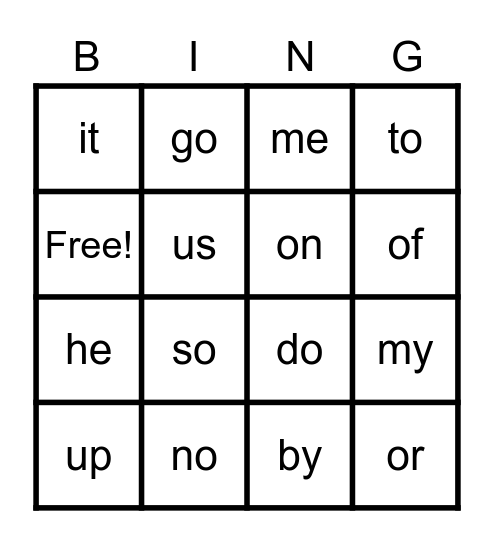 Two Letter Sight Words Bingo Card