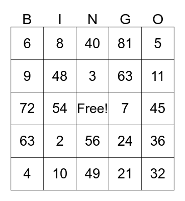 Multiplication and Division Facts Bingo Card