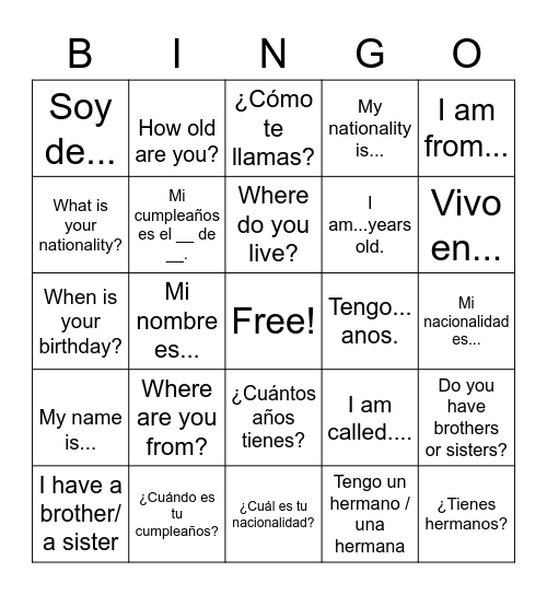 spanish bingo Card