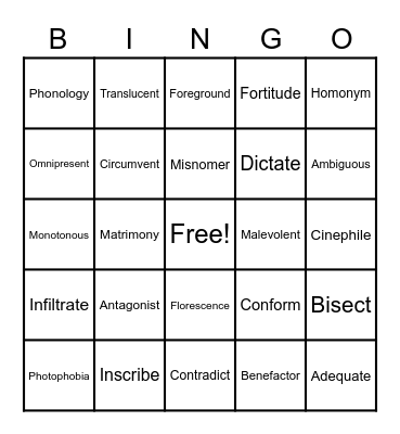 Vocabulary Builder Bingo Card