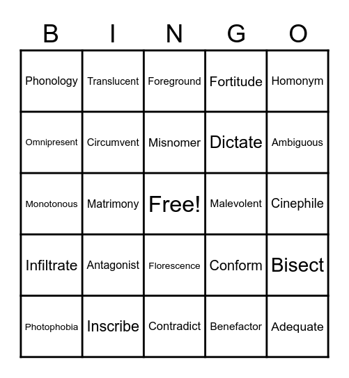 Vocabulary Builder Bingo Card