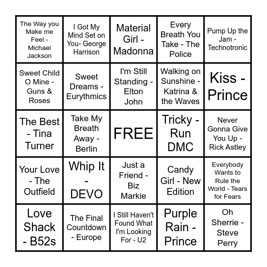 80s Music BINGO Card