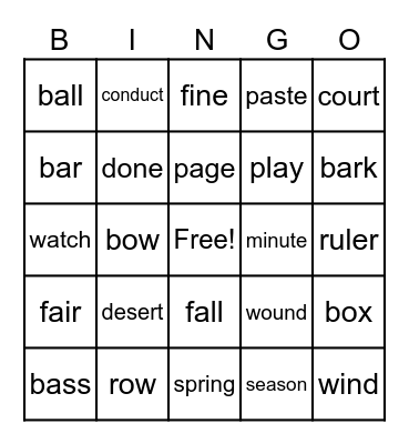 Homographs Bingo Card