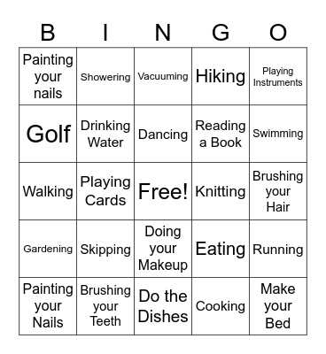 Self Care Activities Bingo Card