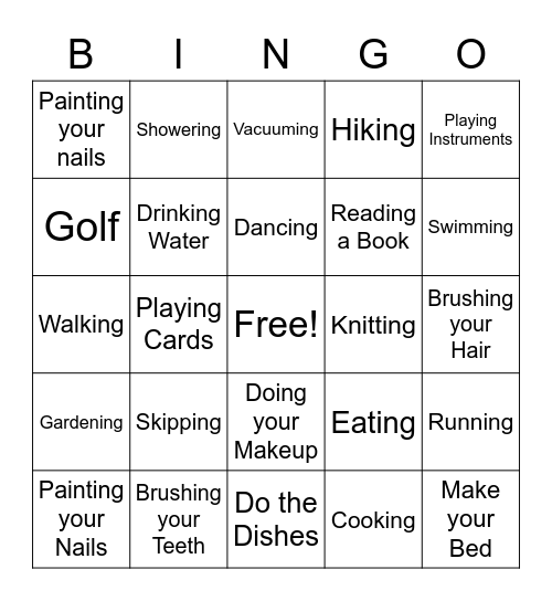 Self Care Activities Bingo Card