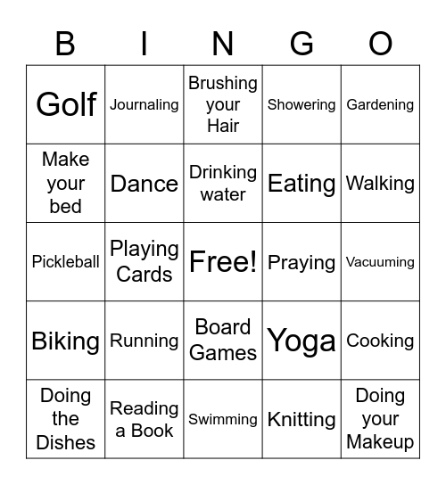 Self Care Activities Bingo Card