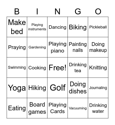 Self Care Activities Bingo Card