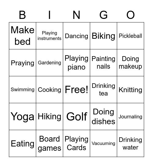 Self Care Activities Bingo Card