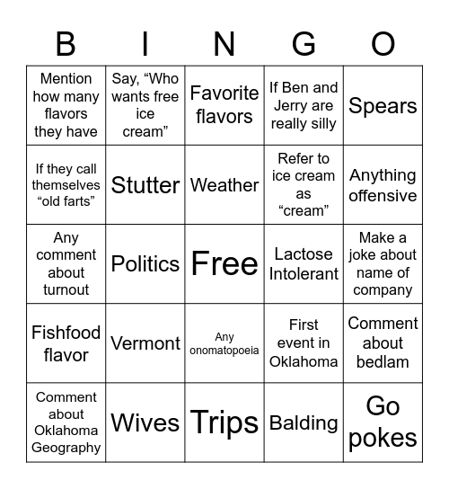 Ben and Jerry Bingo Card