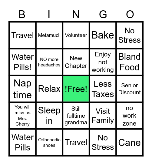 Cherry's Retirement Bingo Card