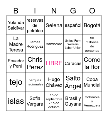 Colombia, Venezuela y más Bingo Card