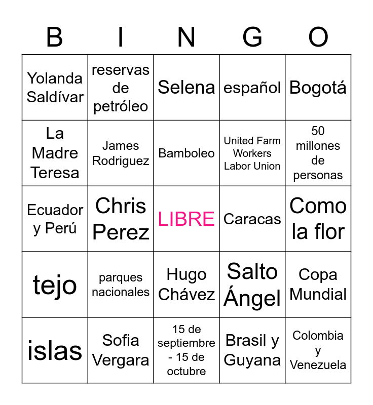 Colombia, Venezuela y más Bingo Card