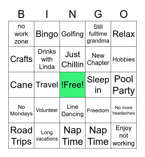 Cherry's Retirement Bingo Card