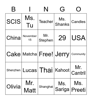 Mr. Matt's Birthday Bingo Card