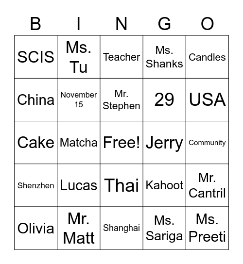 Mr. Matt's Birthday Bingo Card