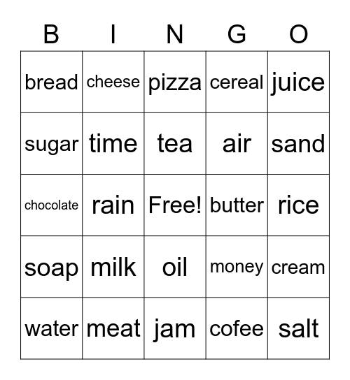 Uncountable Noun Bingo Card