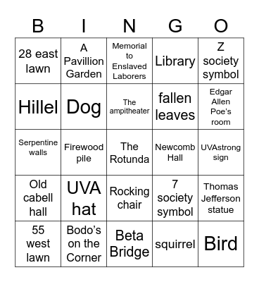 UVA Grounds Scavenger Hunt Bingo Card